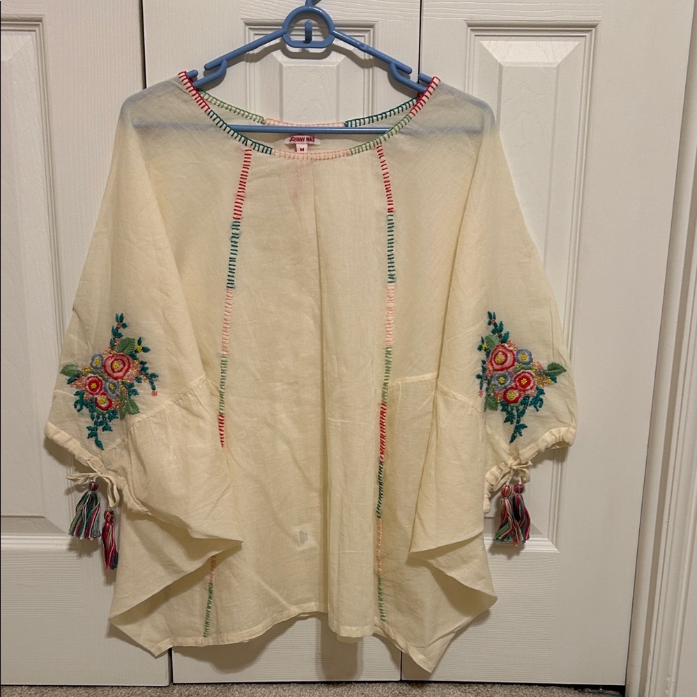 Johnny Was Cream Blouse with Colorful Embroidery